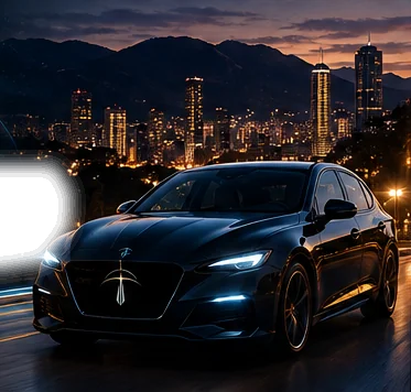 Automóvil THEVIA negro con reflejos turquesa y dorados frente a una ciudad nocturna